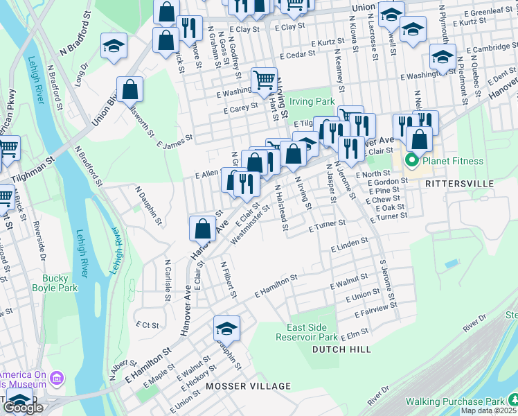 map of restaurants, bars, coffee shops, grocery stores, and more near 716 Hanover Avenue in Allentown