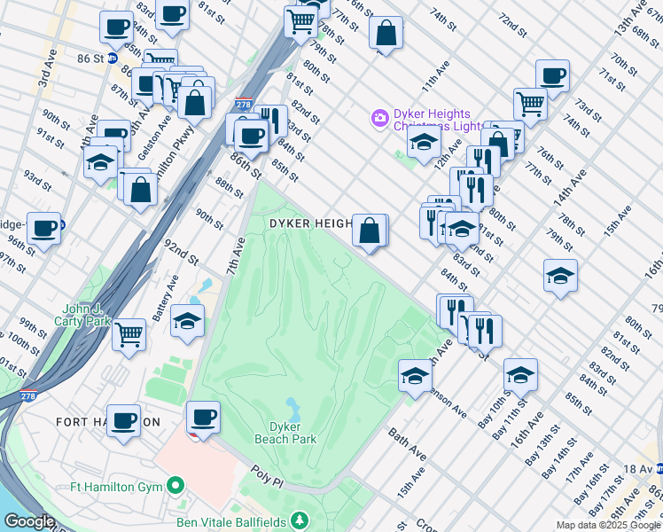 map of restaurants, bars, coffee shops, grocery stores, and more near 1020 86th Street in Brooklyn