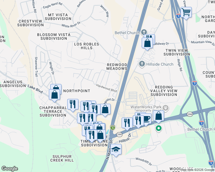 map of restaurants, bars, coffee shops, grocery stores, and more near 418 Bitterroot Drive in Redding
