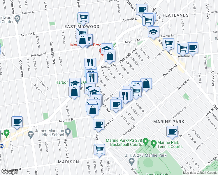 map of restaurants, bars, coffee shops, grocery stores, and more near 1535 East 32nd Street in Brooklyn