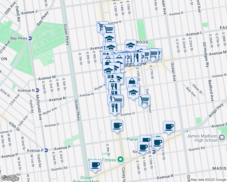 map of restaurants, bars, coffee shops, grocery stores, and more near 1722A Coney Island Avenue in Brooklyn