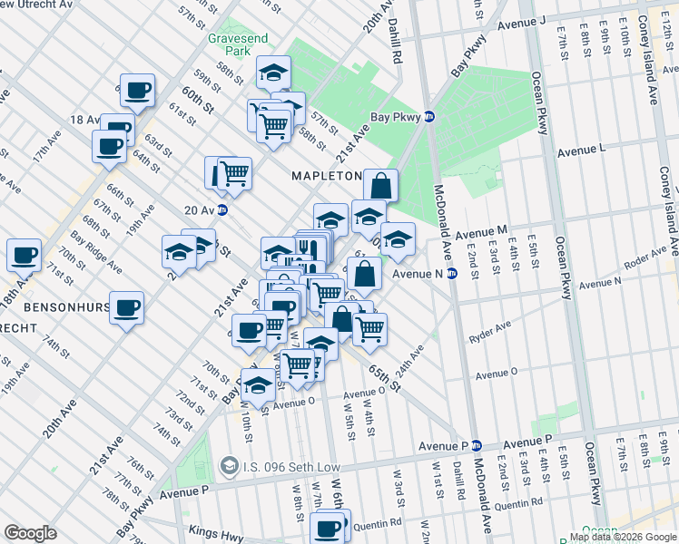 map of restaurants, bars, coffee shops, grocery stores, and more near 6206 Bay Parkway in Brooklyn