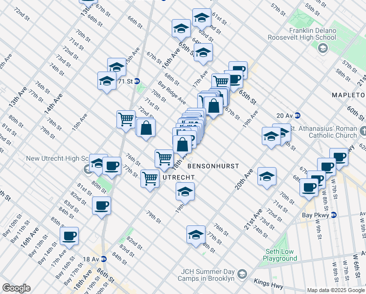 map of restaurants, bars, coffee shops, grocery stores, and more near 1768 72nd Street in Brooklyn