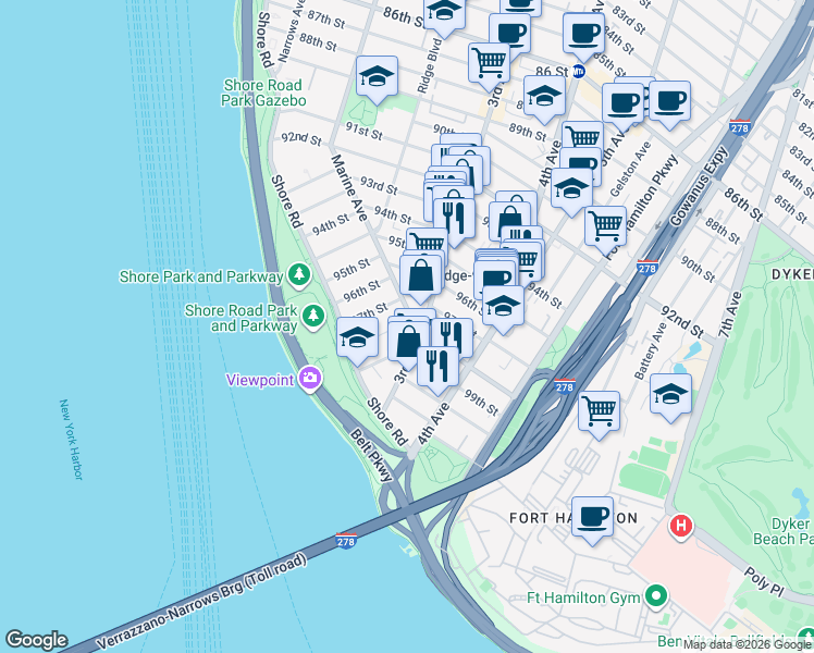 map of restaurants, bars, coffee shops, grocery stores, and more near 167 98th Street in Brooklyn