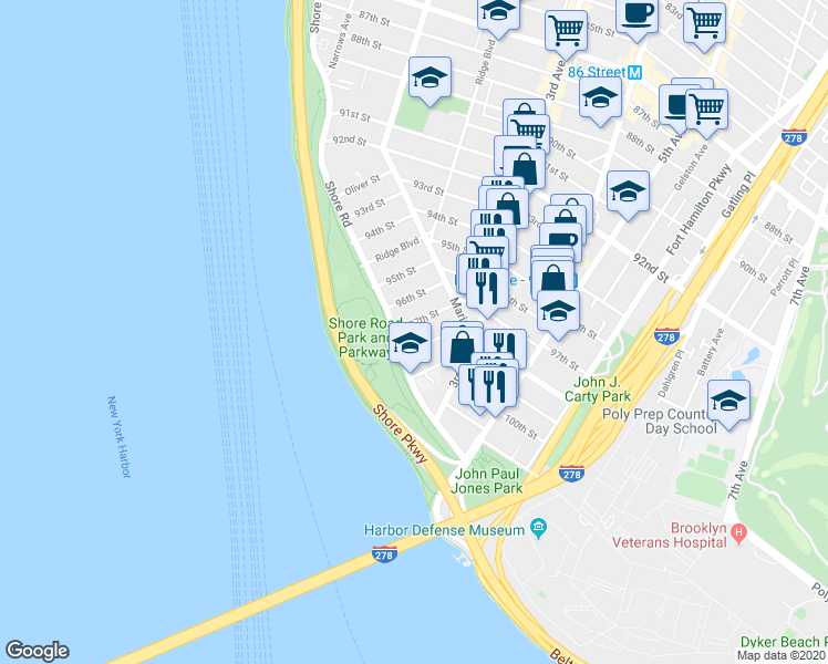 map of restaurants, bars, coffee shops, grocery stores, and more near 123A 97th Street in Brooklyn