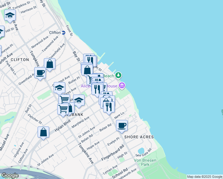 map of restaurants, bars, coffee shops, grocery stores, and more near 13 Hylan Boulevard in Staten Island