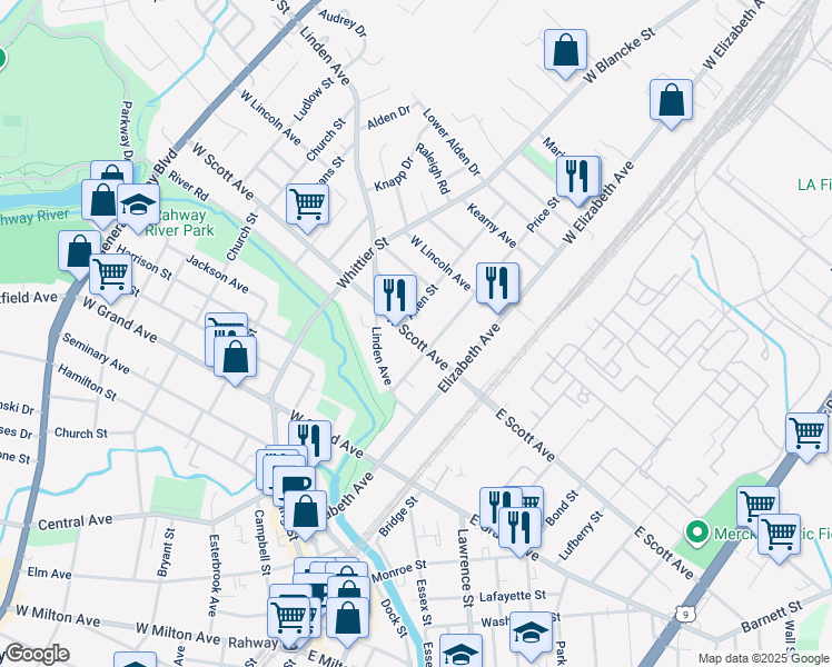map of restaurants, bars, coffee shops, grocery stores, and more near 2088 Price Street in Rahway