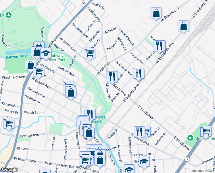 map of restaurants, bars, coffee shops, grocery stores, and more near 244 West Scott Avenue in Rahway