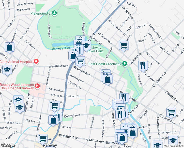 map of restaurants, bars, coffee shops, grocery stores, and more near 630 Union Street in Rahway
