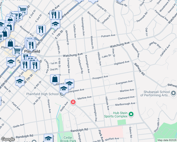 map of restaurants, bars, coffee shops, grocery stores, and more near 954 Kensington Avenue in Plainfield