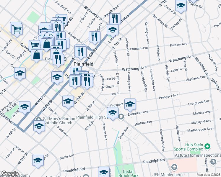 map of restaurants, bars, coffee shops, grocery stores, and more near 821-23 2nd Place in Plainfield