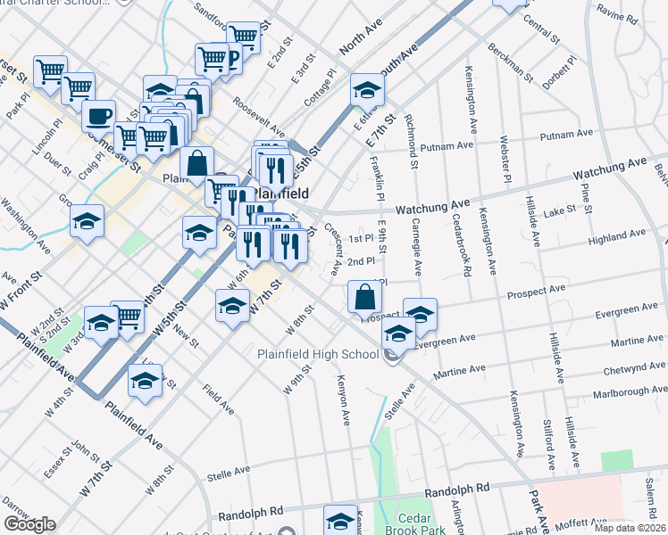 map of restaurants, bars, coffee shops, grocery stores, and more near in Plainfield