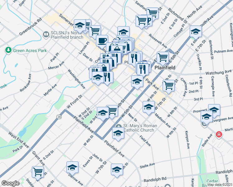 map of restaurants, bars, coffee shops, grocery stores, and more near 313 West 3rd Street in Plainfield
