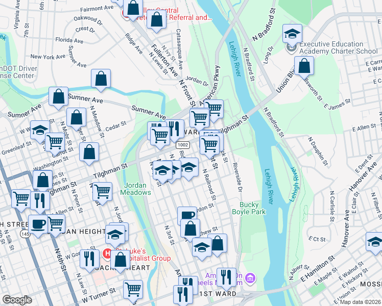 map of restaurants, bars, coffee shops, grocery stores, and more near 643 Ridge Avenue in Allentown