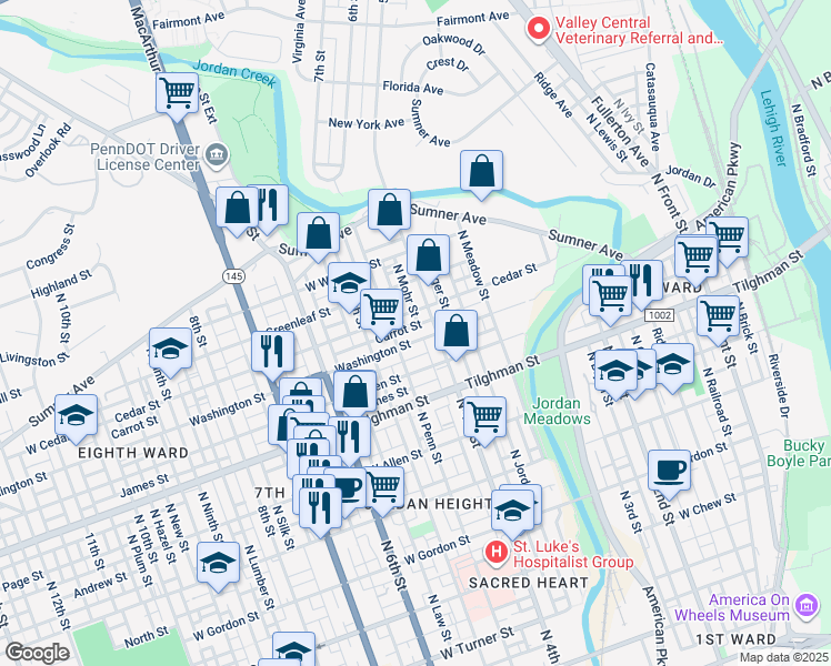 map of restaurants, bars, coffee shops, grocery stores, and more near 401 Washington Street in Allentown