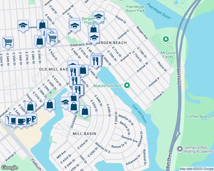 map of restaurants, bars, coffee shops, grocery stores, and more near 2235 East 66th Street in Brooklyn
