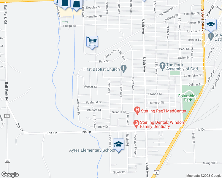 map of restaurants, bars, coffee shops, grocery stores, and more near 901 Delmar Street in Sterling