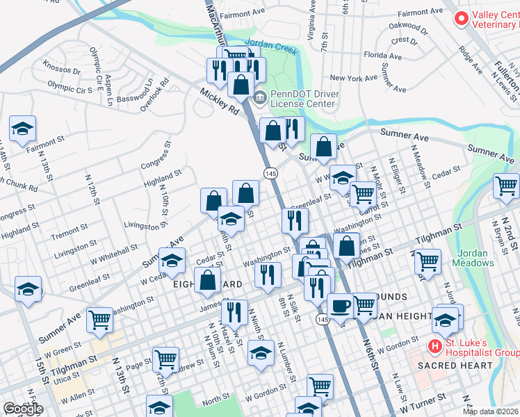 map of restaurants, bars, coffee shops, grocery stores, and more near 751 West Whitehall Street in Allentown