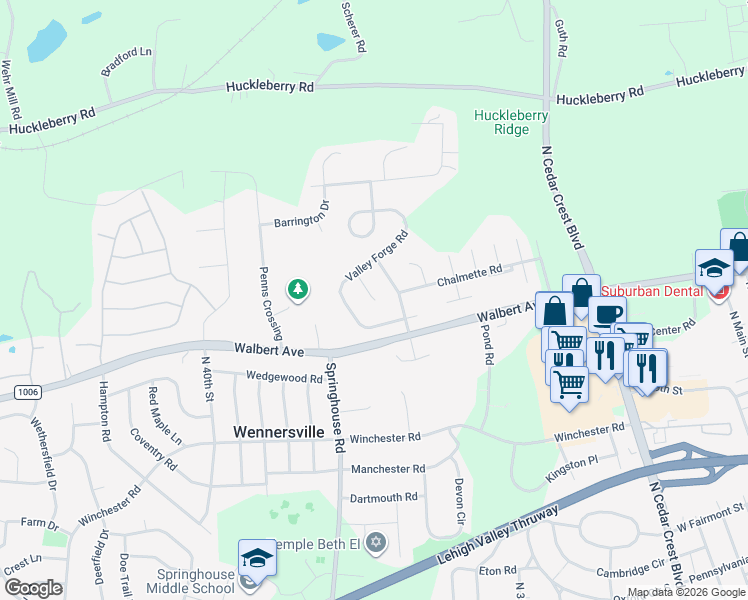 map of restaurants, bars, coffee shops, grocery stores, and more near 1700 Brandywine Road in Allentown
