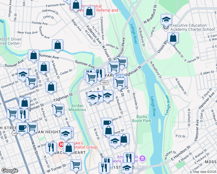 map of restaurants, bars, coffee shops, grocery stores, and more near 643 Ridge Avenue in Allentown