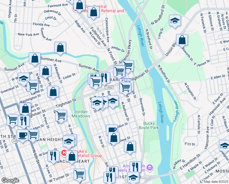 map of restaurants, bars, coffee shops, grocery stores, and more near 137 West Sycamore Street in Allentown
