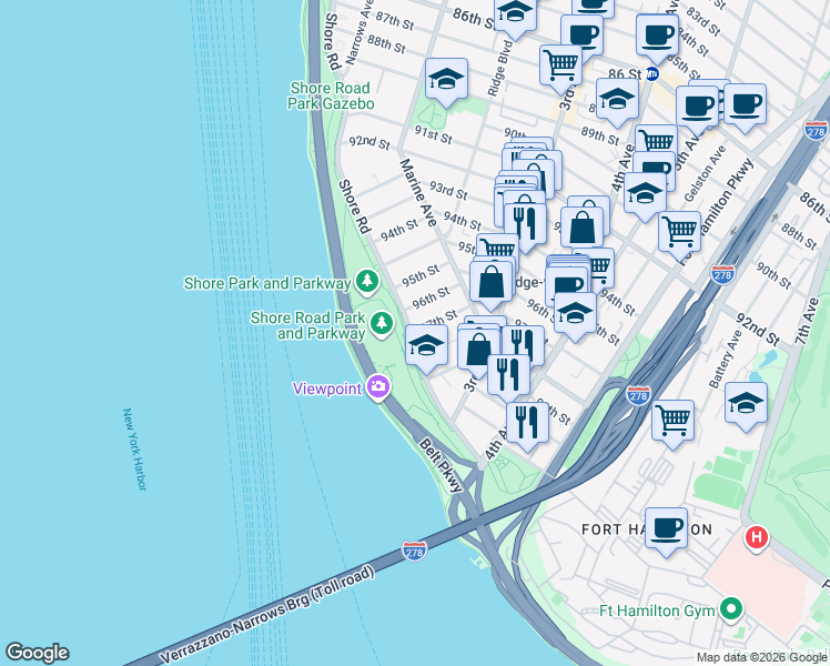 map of restaurants, bars, coffee shops, grocery stores, and more near 123A 97th Street in Brooklyn