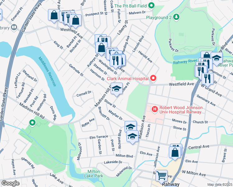 map of restaurants, bars, coffee shops, grocery stores, and more near 1161 Madison Hill Road in Rahway