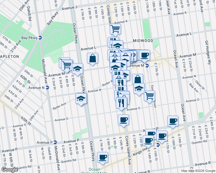 map of restaurants, bars, coffee shops, grocery stores, and more near 1381 East 9th Street in Brooklyn