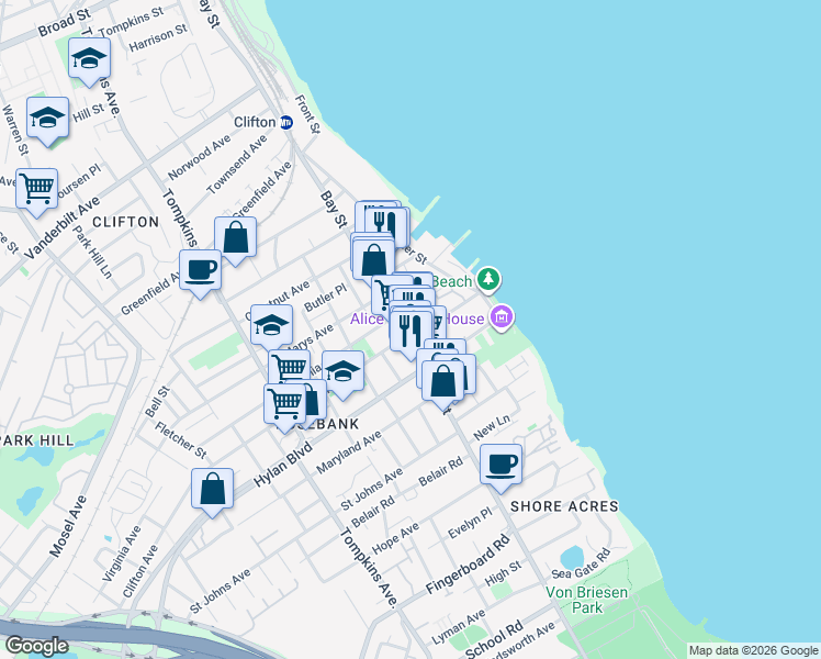 map of restaurants, bars, coffee shops, grocery stores, and more near 79 Clifton Avenue in Staten Island