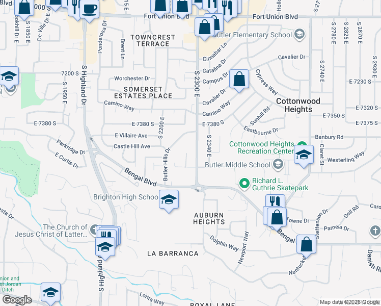 map of restaurants, bars, coffee shops, grocery stores, and more near 7462 South 2300 East in Cottonwood Heights