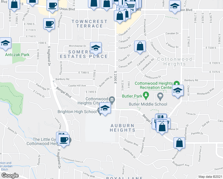 map of restaurants, bars, coffee shops, grocery stores, and more near 7462 South 2300 East in Cottonwood Heights