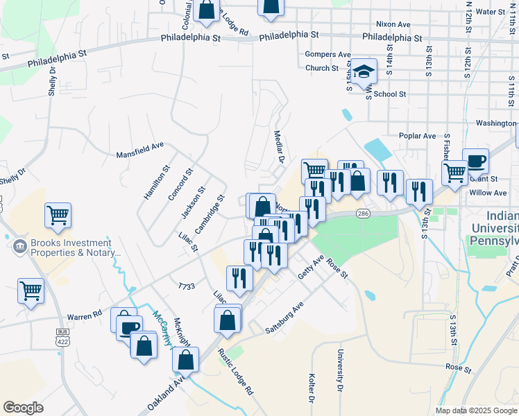 map of restaurants, bars, coffee shops, grocery stores, and more near 1662 Wilson Avenue in Indiana