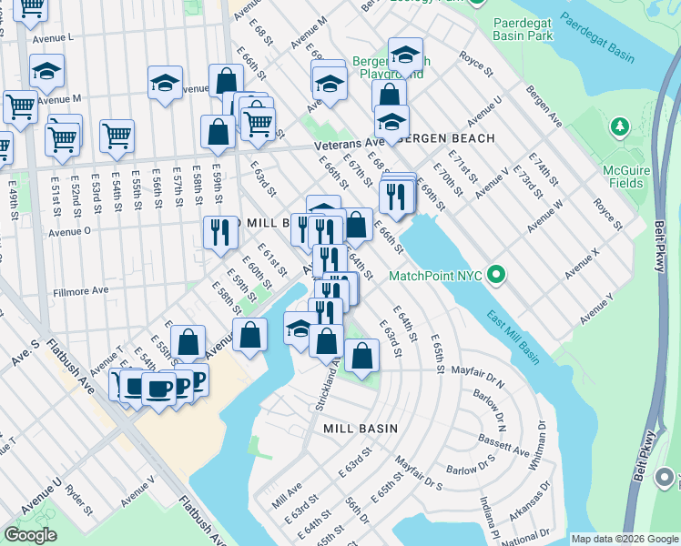 map of restaurants, bars, coffee shops, grocery stores, and more near 6302 Avenue U in Brooklyn