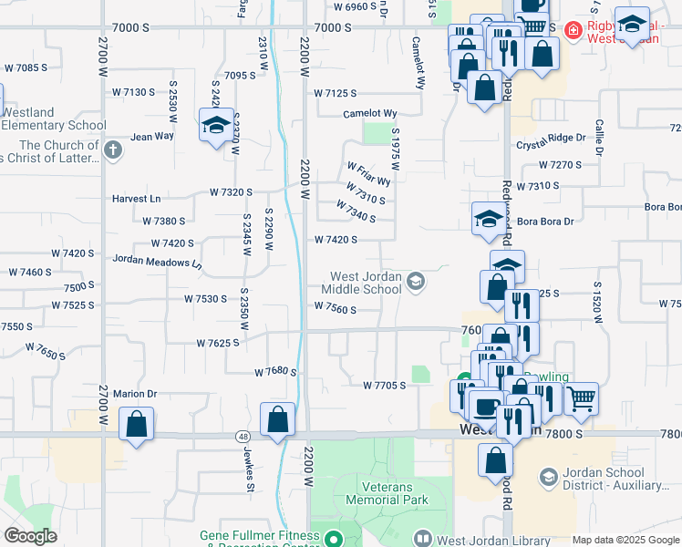 map of restaurants, bars, coffee shops, grocery stores, and more near 7472 Gold Circle in West Jordan