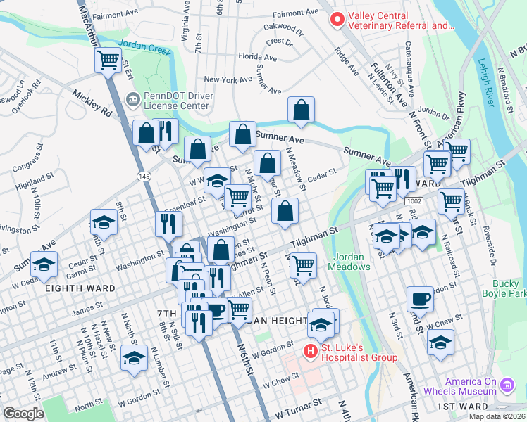 map of restaurants, bars, coffee shops, grocery stores, and more near 401 Washington Street in Allentown