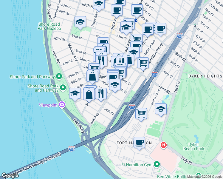map of restaurants, bars, coffee shops, grocery stores, and more near 358 96th Street in Brooklyn