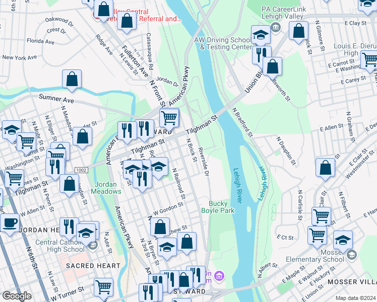 map of restaurants, bars, coffee shops, grocery stores, and more near 25 West Allen Street in Allentown