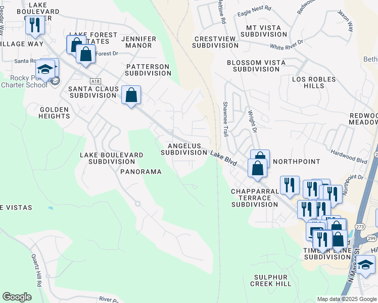 map of restaurants, bars, coffee shops, grocery stores, and more near 4229 Easter Avenue in Redding