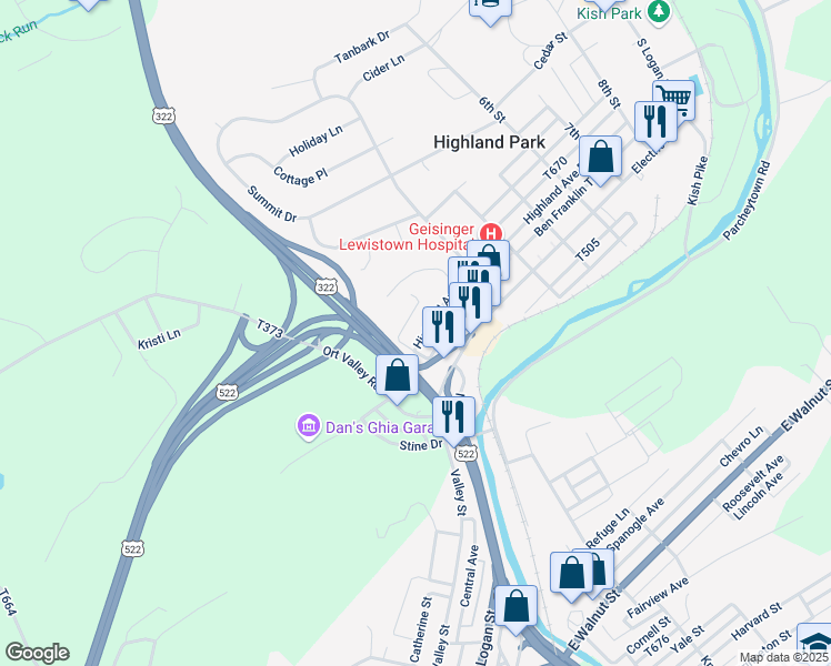 map of restaurants, bars, coffee shops, grocery stores, and more near Highland Avenue in Highland Park