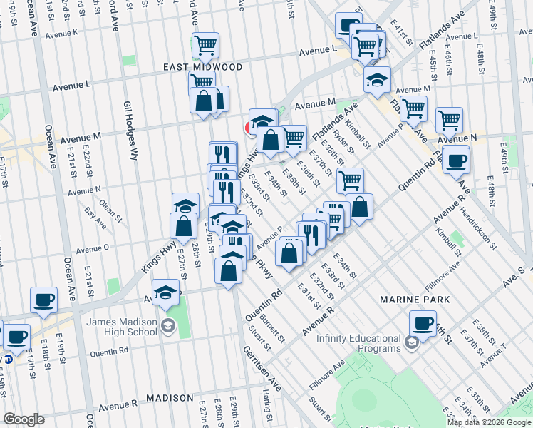 map of restaurants, bars, coffee shops, grocery stores, and more near 1535 East 32nd Street in Brooklyn