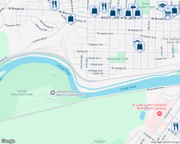 map of restaurants, bars, coffee shops, grocery stores, and more near 1617 Cottage Avenue in Bethlehem