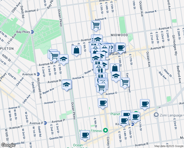 map of restaurants, bars, coffee shops, grocery stores, and more near 1381 East 9th Street in Brooklyn