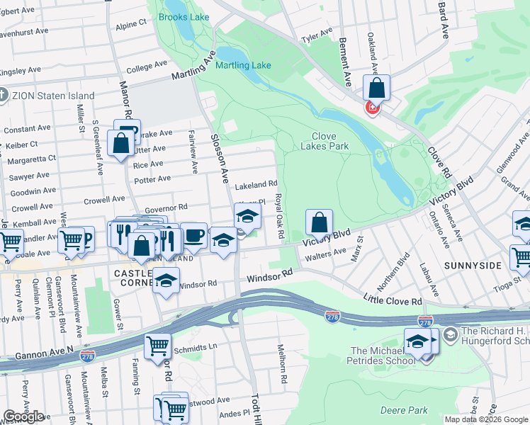 map of restaurants, bars, coffee shops, grocery stores, and more near 16 Knox Place in Staten Island