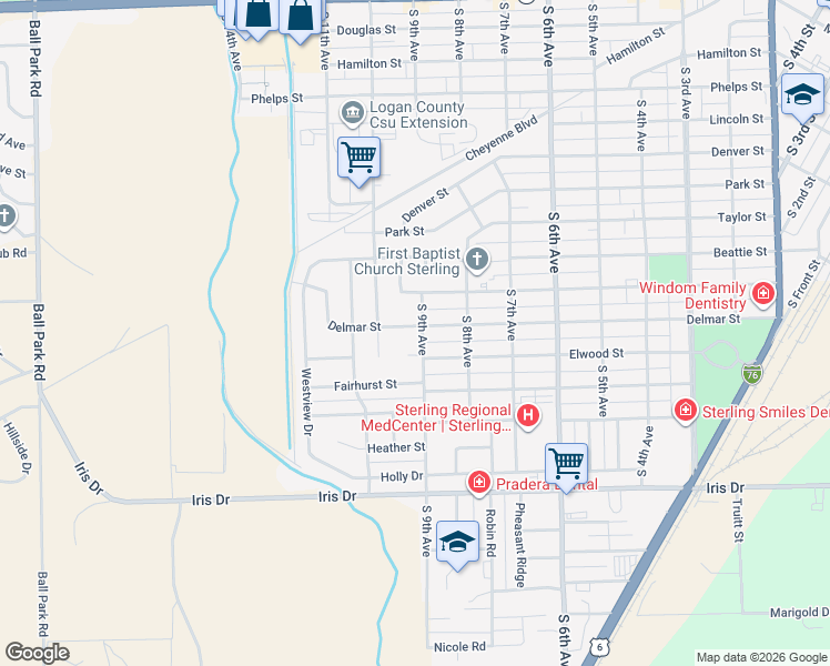 map of restaurants, bars, coffee shops, grocery stores, and more near 901 Delmar Street in Sterling