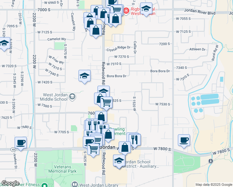 map of restaurants, bars, coffee shops, grocery stores, and more near 7481 South Redwood Road in West Jordan