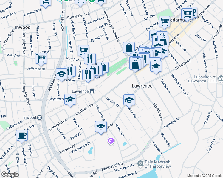 map of restaurants, bars, coffee shops, grocery stores, and more near 250 Central Avenue in Lawrence