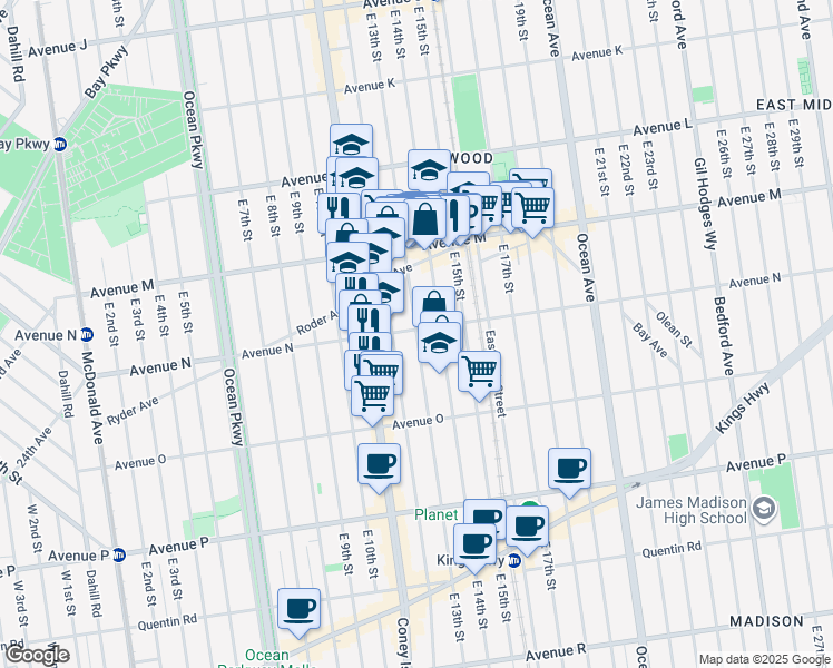 map of restaurants, bars, coffee shops, grocery stores, and more near 1207 Avenue N in Brooklyn