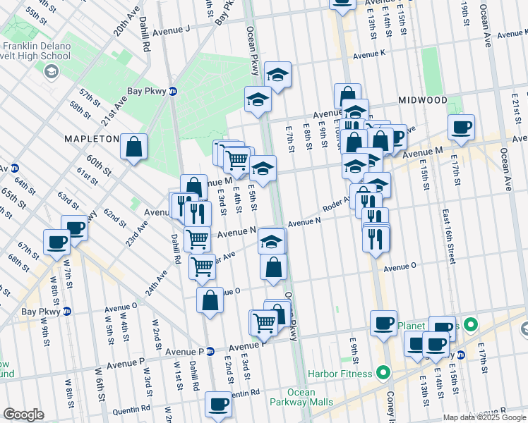 map of restaurants, bars, coffee shops, grocery stores, and more near 1360 Ocean Parkway in Brooklyn