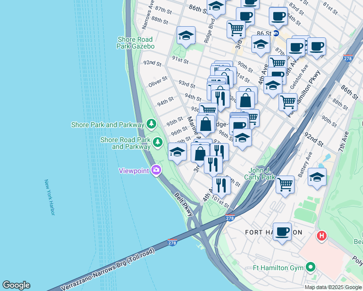 map of restaurants, bars, coffee shops, grocery stores, and more near 123A 97th Street in Brooklyn