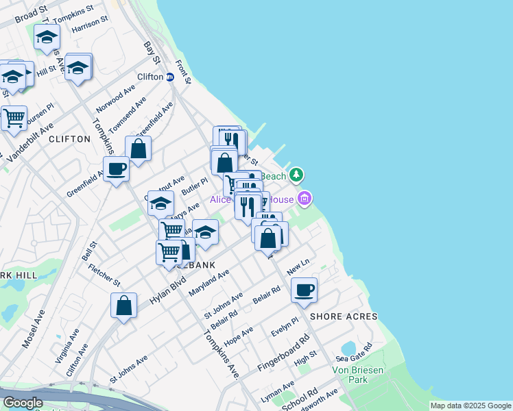 map of restaurants, bars, coffee shops, grocery stores, and more near 50 Clifton Avenue in Staten Island